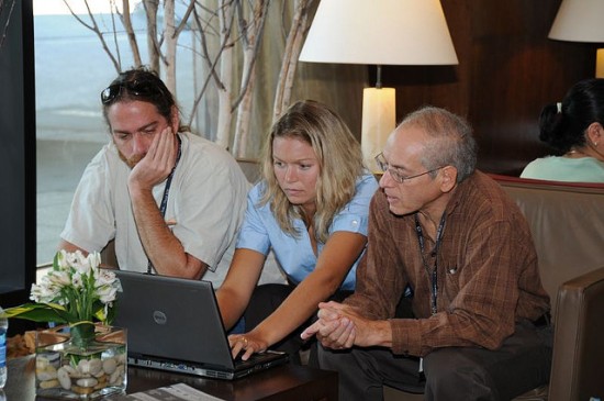 Photo of three members of the American Fisheries Society having a discussion