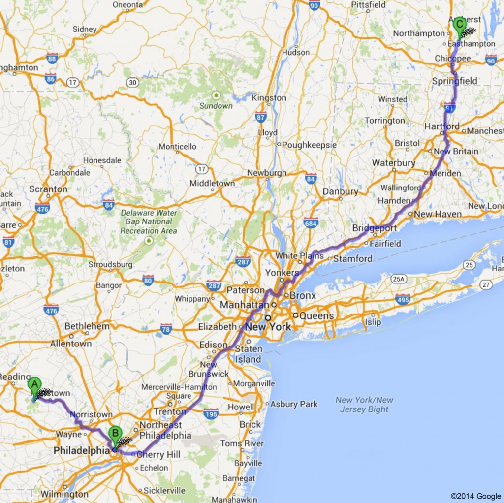 Figure 2. Driving routes connecting Philadelphia, Pennsylvania (point B), to the nearest stream predicted to offer Brook Trout fishing opportunities under current conditions (point A) and under future warmer air temperatures projected under a climate change scenario (point C).