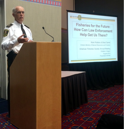 Mark Robbins, a provincial enforcement specialist with the Enforcement Branch of the Ontario Ministry of Natural Resources and Forestry, closes the symposium with a presentation on the future of fisheries law enforcement. Credit: Molly J. Good 