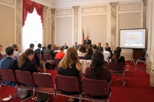 The panel discussion at the well-attended briefing on climate change and inland fish.